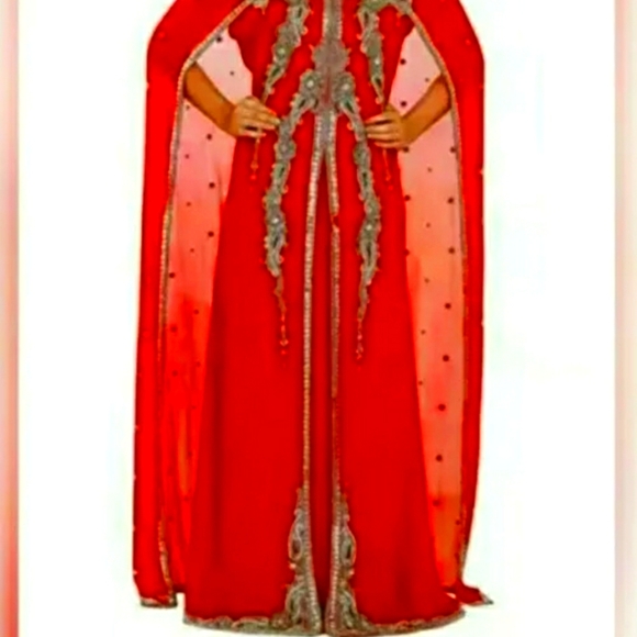 DUBAI VERY FANCY KAFTANS Abaya Jalabiya Ladies Maxi Wedding gown RED w/Belt - Picture 1 of 7